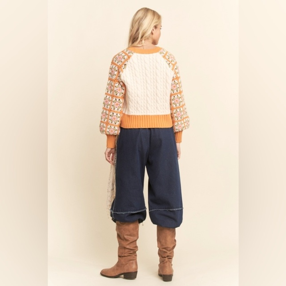 Crochet Sleeve Granny Square Cable Knit Sweater - Davi & Dani - Picture 6 of 7